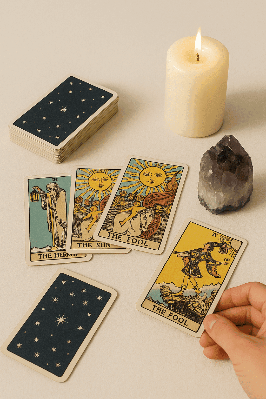 Tarot cards on a table with candle and amethyst crystal.