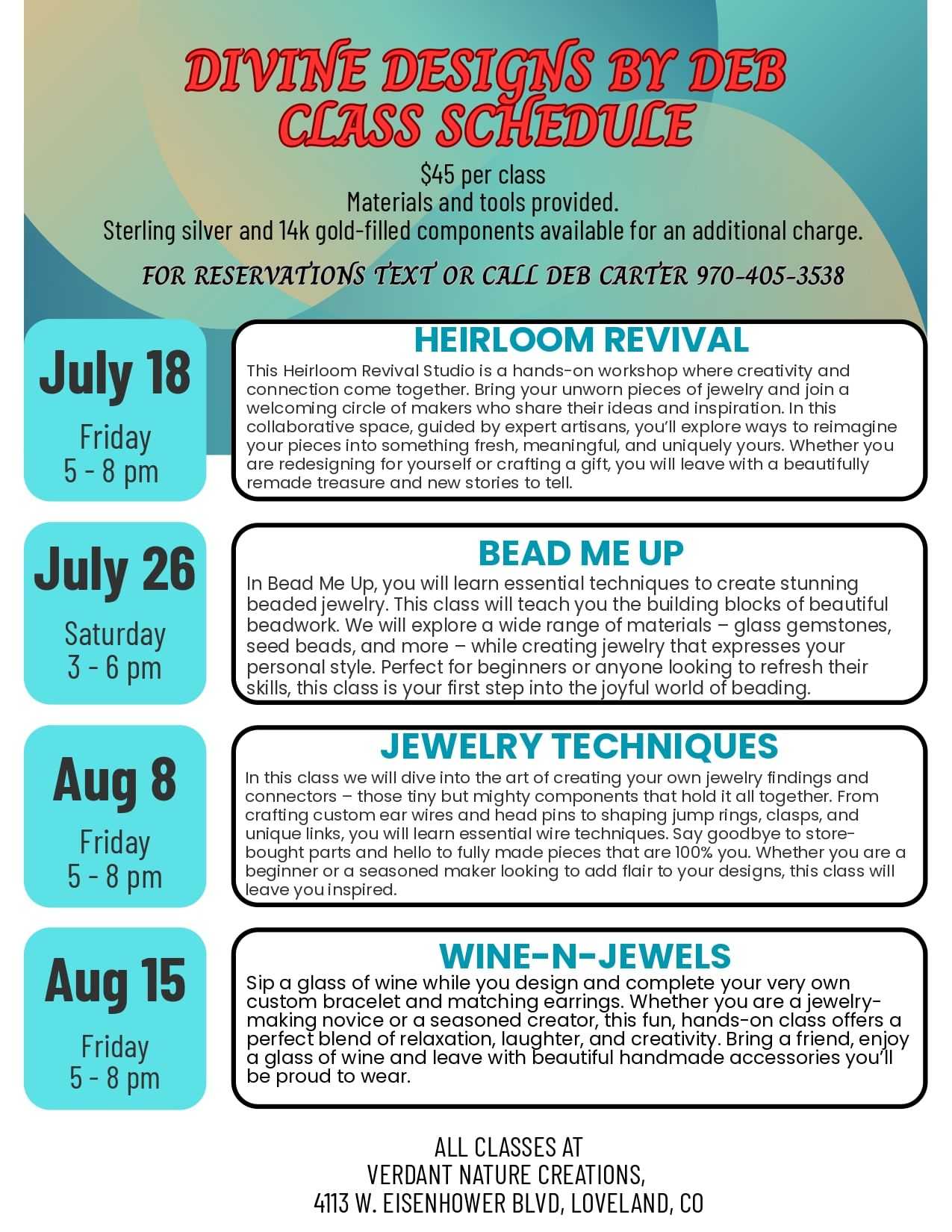 Class schedule flyer with dates and times for jewelry-making sessions in Loveland, CO.