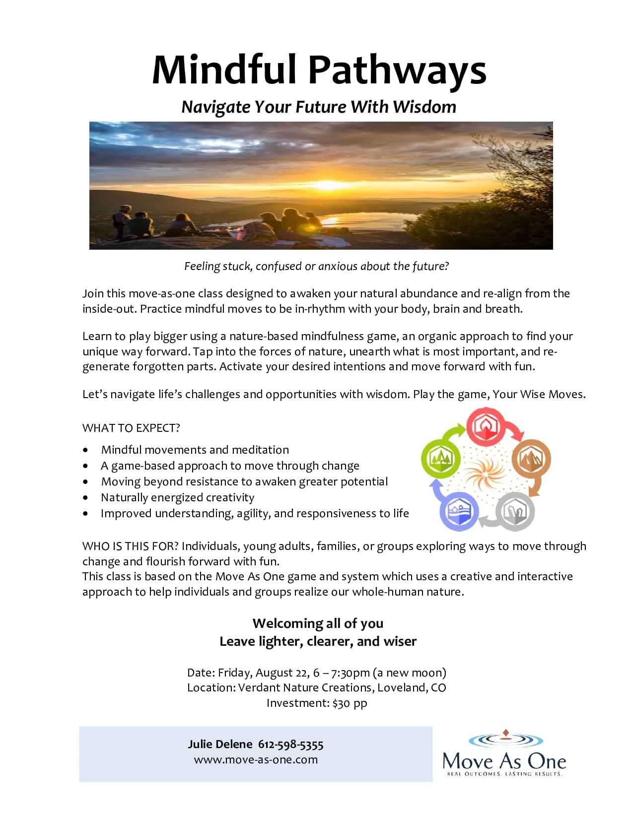 Move as One mindfulness class flyer with event details and contact information.